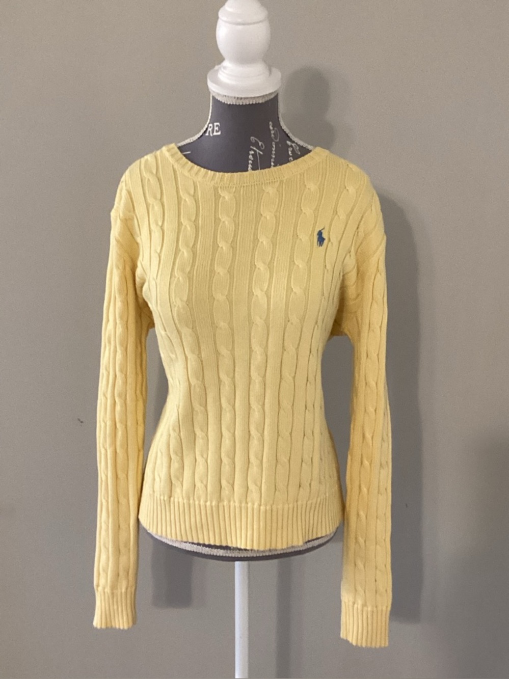 Ralph Lauren Pale Yellow Cable-Knit cotton Crewneck Sweater with Blue Pony